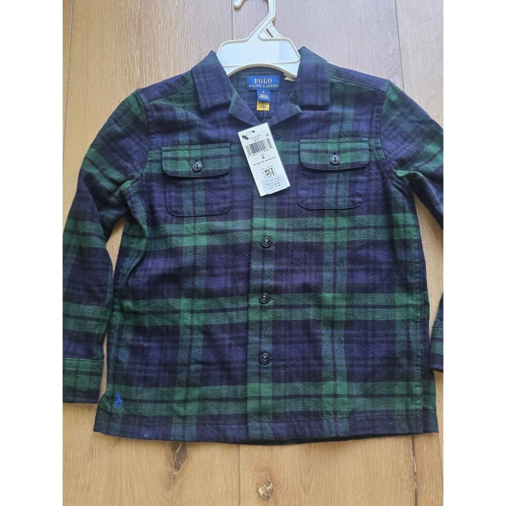 Polo Ralph Lauren Boys Green & Navy Plaid Button Up Shirt Camp 6